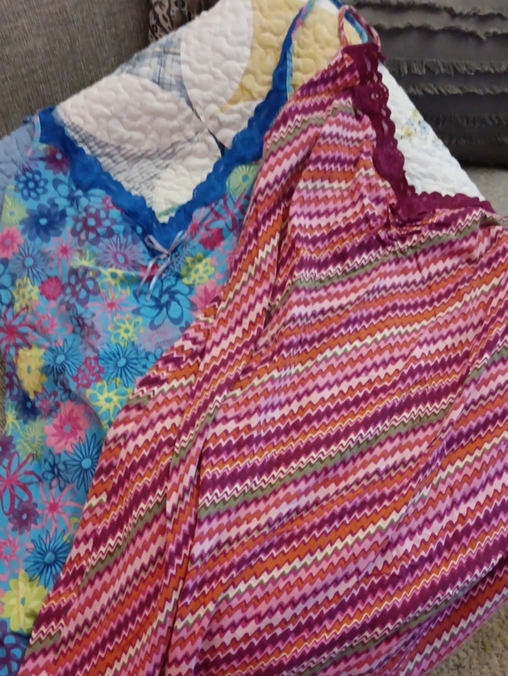 Secret Treasures Pink Chevron & Blue Floral Set Of Nightgowns with Lace Trim 3x